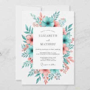 Convite Casamento Floral em Flor Coral Teal