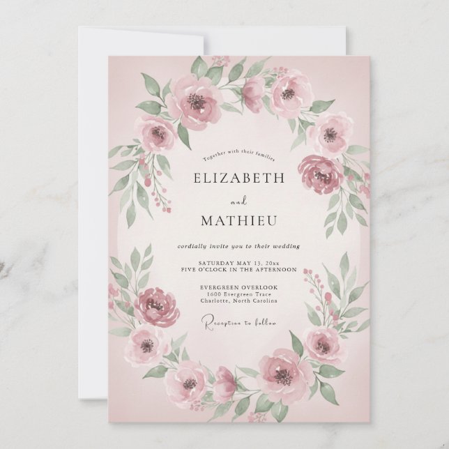 Convite Casamento Floral em Flor de Rosa Empoeirada (Frente)