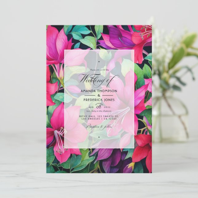 Convite Casamento Floral em Fuchsia, Verde Esmeralda e Pre (Em pé/Frente)