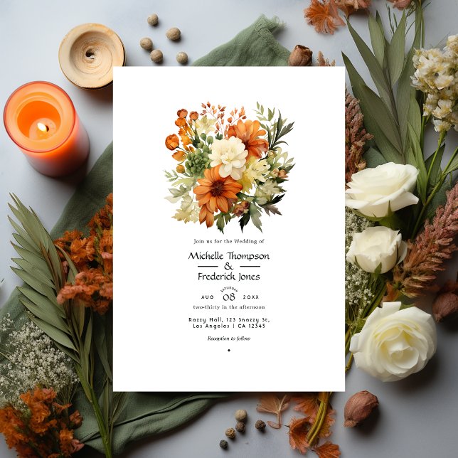 Convite Casamento Floral em Laranja Queimado, Creme e Verd (Criador carregado)