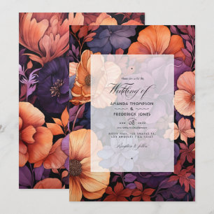 Convite Casamento Floral em Laranja Queimado, Roxo Escuro 