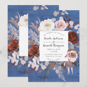 Convite Casamento Floral em Madeira Azul Rústico Country