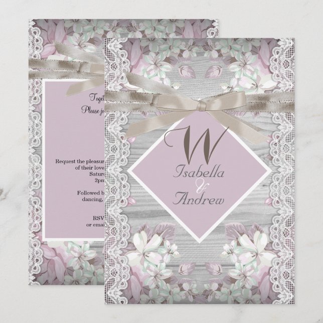 Convite Casamento Floral em Madeira Rústica Branco com Ren (Frente/Verso)