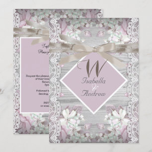 Convite Casamento Floral em Madeira Rústica Branco com Ren