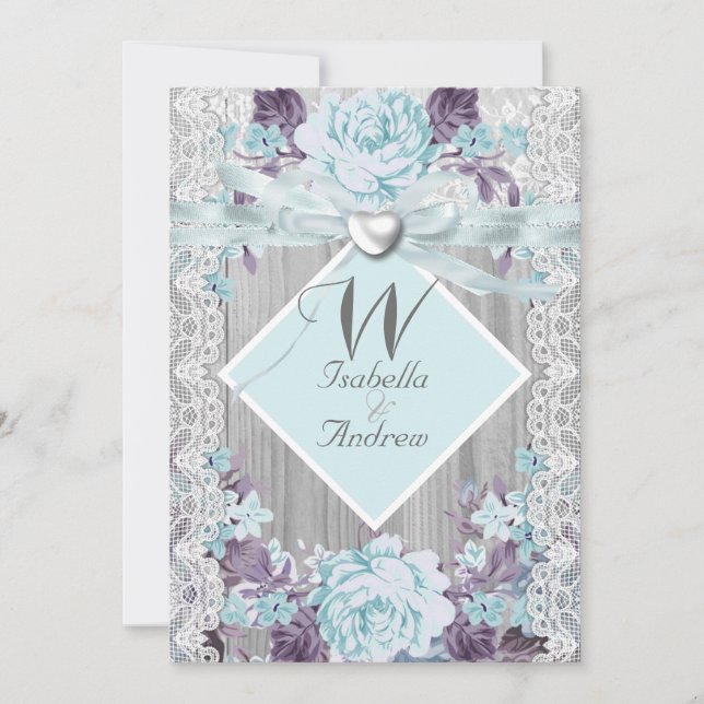 Convite Casamento Floral em Madeira Rústica Branco com Ren (Frente)