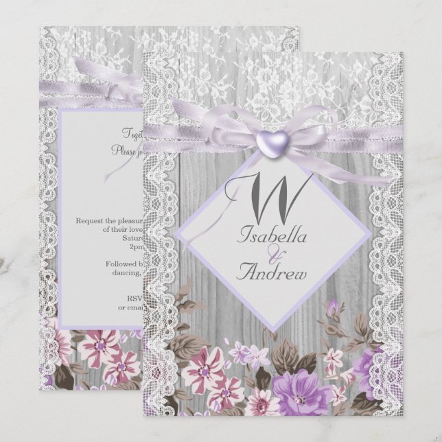 Convite Casamento Floral em Madeira Rústica com Renda Lava (Frente/Verso)