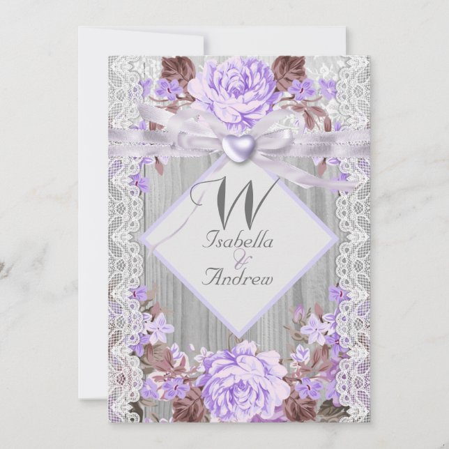 Convite Casamento Floral em Madeira Rústica Lavanda com Re (Frente)