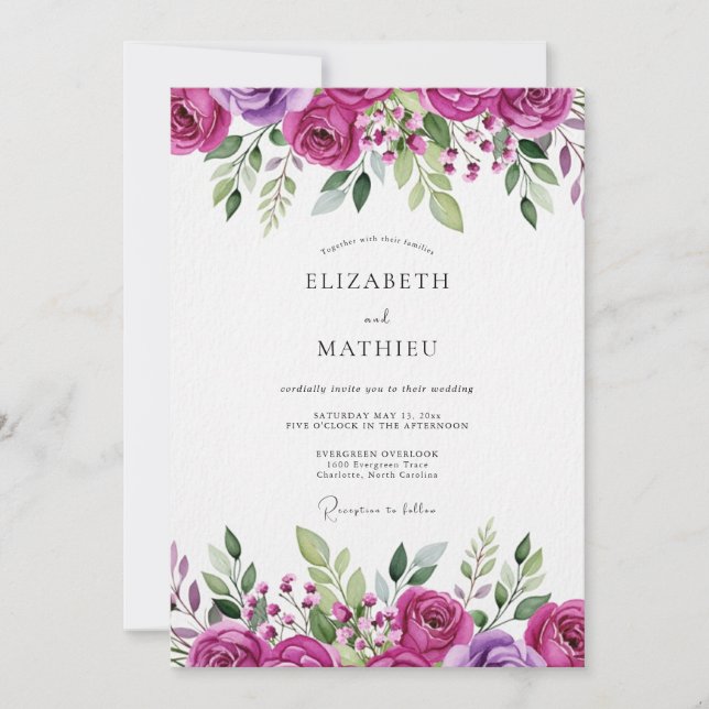 Convite Casamento Floral em Magenta (Frente)