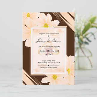 Convite Casamento Floral em Marrom Chocolate e Pêssego Ter
