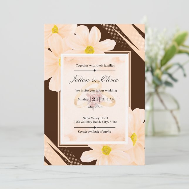 Convite Casamento Floral em Marrom Chocolate e Pêssego Ter (Em pé/Frente)