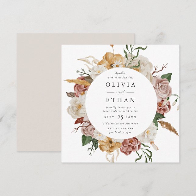 Convite Casamento Floral em Moldura Quadrada de Jardim Vin (Frente/Verso)