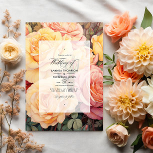 Convite Casamento Floral em Pêssego, Amarelo Suave e Rosa