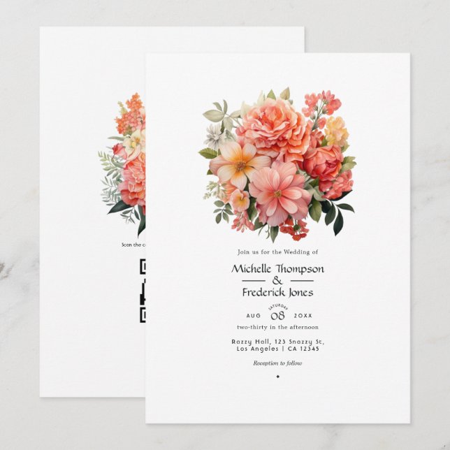 Convite Casamento Floral em Pêssego e Coral (Frente/Verso)