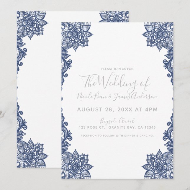 Convite Casamento Floral em Renda Branca & Azul Minimalist (Frente/Verso)