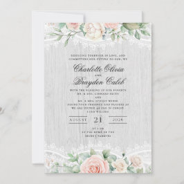 Convite Casamento Floral em Renda com Aquarela Rosa Desbot
