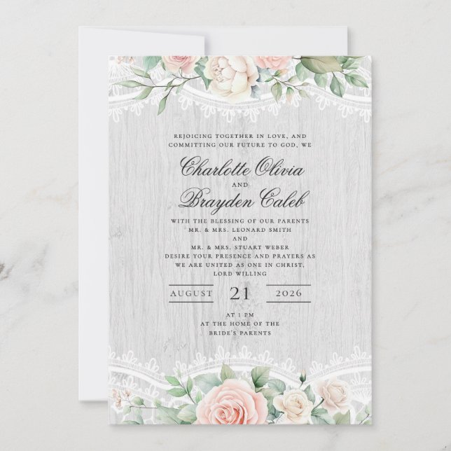 Convite Casamento Floral em Renda com Aquarela Rosa Desbot (Frente)