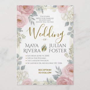 Convite Casamento Floral em Rosa Desbotado Azul Poeira com