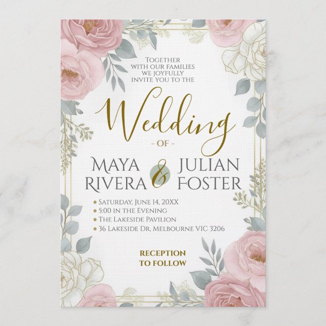 Convite Casamento Floral em Rosa Desbotado Azul Poeira com (Frente)