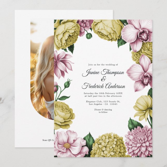 Convite Casamento Floral em Rosa e Dourado Suave com Aquar (Frente/Verso)
