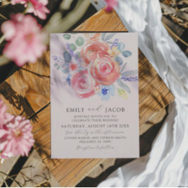 Convite Casamento Floral em Rosa Moderno em Aquarela