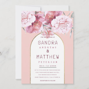 Convite Casamento floral em rosa pastel dourado no estilo