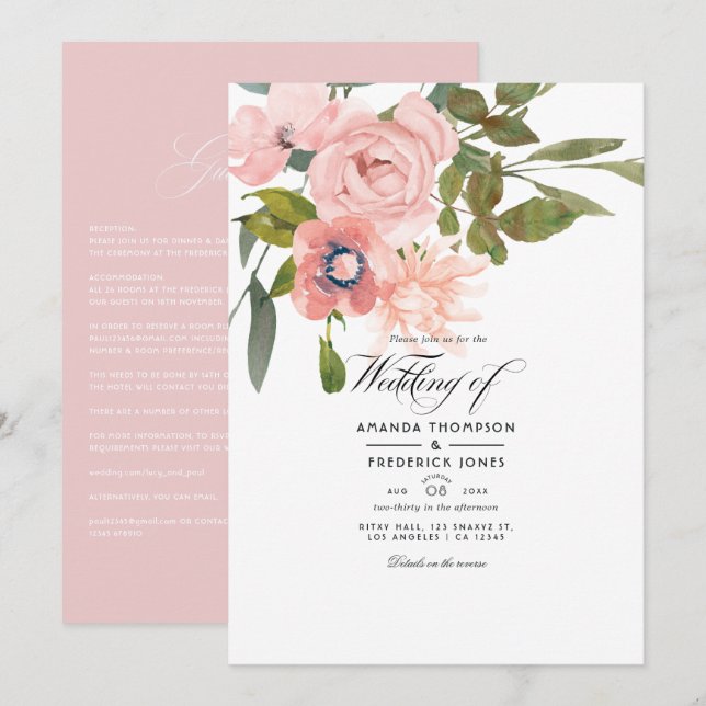 Convite Casamento Floral em Rose Gold e Rosa Bege (Frente/Verso)