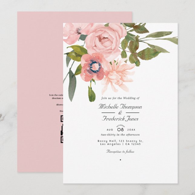 Convite Casamento Floral em Rose Gold e Rosa Claro com Cód (Frente/Verso)
