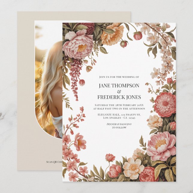 Convite Casamento Floral em Sage Empoeirado, Pêssego Suave (Frente/Verso)