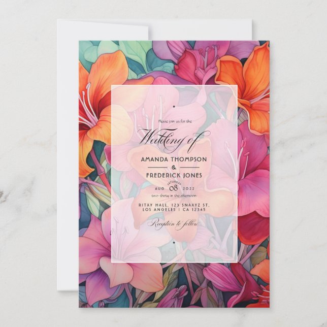 Convite Casamento Floral em Sage, Laranja e Fúcsia (Frente)
