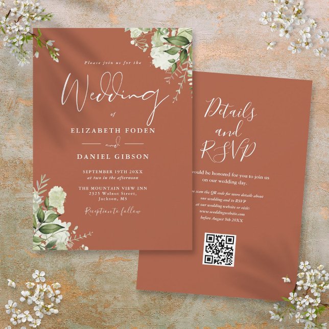 Convite Casamento Floral em Terracota com Código QR (Terracotta Greenery Floral QR Code Wedding Invitation)