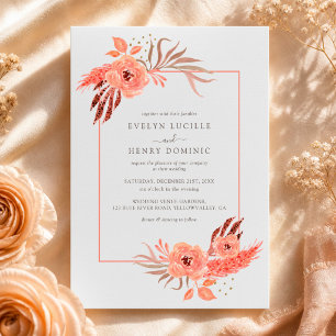 Convite Casamento Floral em Terracota Laranja Coral Modern