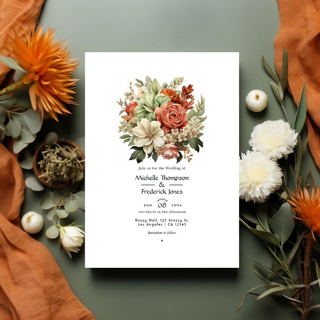 Convite Casamento Floral em Terracota, Marfim e Verde Sage (Criador carregado)