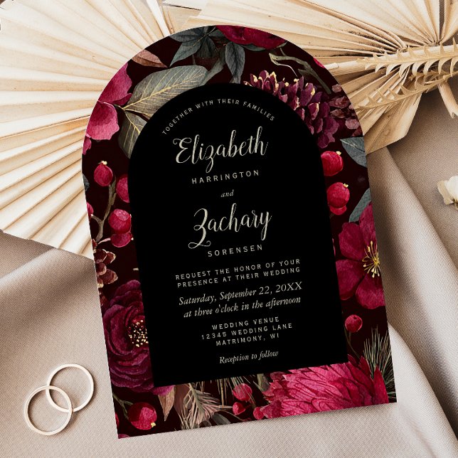 Convite Casamento Floral em Tom de Borgonha Escuro com Pad (Criador carregado)