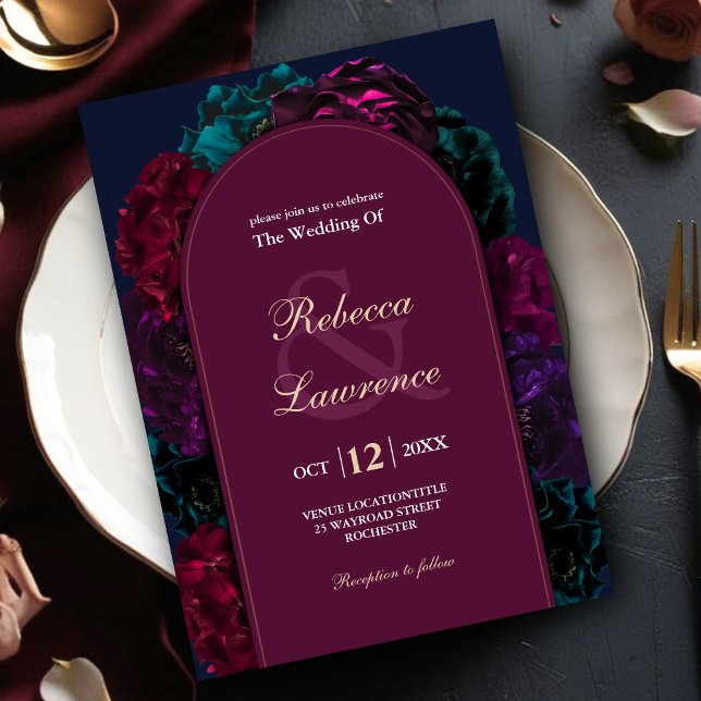 Convite Casamento Floral em Tom de Joia Borgonha (Criador carregado)