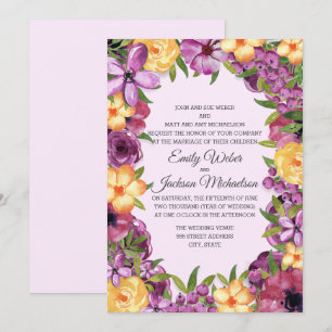 Convite Casamento Floral em Tom de Joia Roxo Amarelo