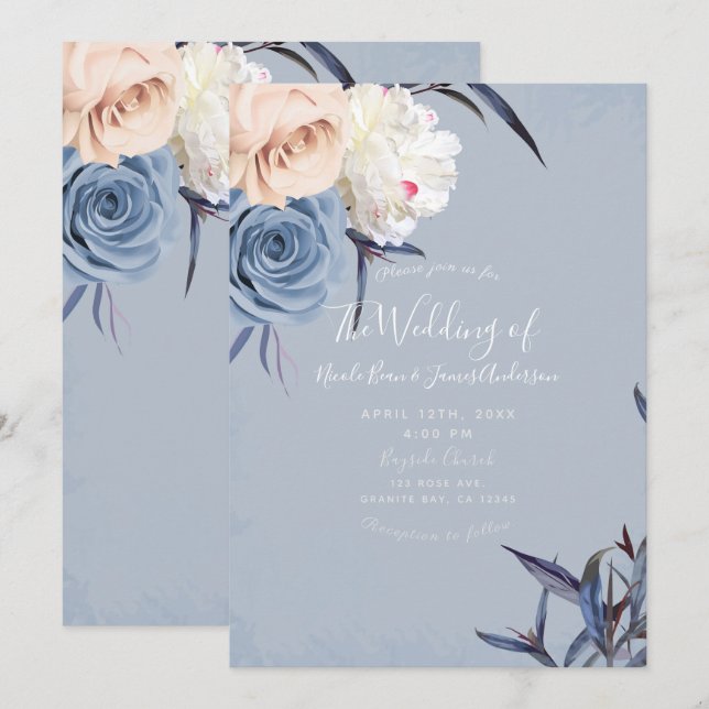 Convite Casamento Floral em Tons de Azul Desbotado, Cinza  (Frente/Verso)