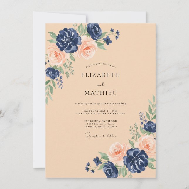 Convite Casamento Floral em Tons de Bege e Azul Marinho (Frente)