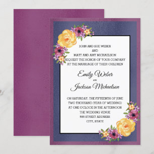 Convite Casamento Floral em Tons de Joia Roxo Amarelo Azul