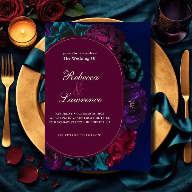 Convite Casamento Floral em Tons de Joias Elegantes (Criador carregado)