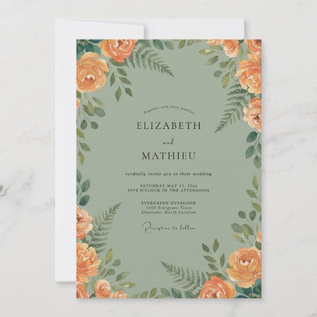Convite Casamento Floral em Tons de Pêssego e Sage (Frente)