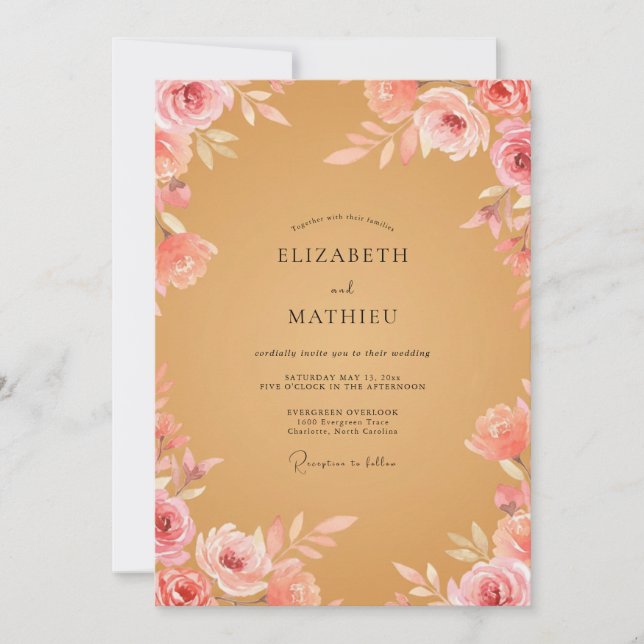 Convite Casamento Floral em Tons de Rosa com Aquarela e Me (Frente)