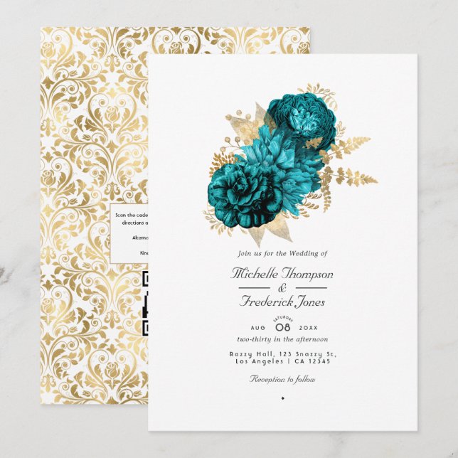 Convite Casamento Floral em Turquesa e Dourado com Código  (Frente/Verso)