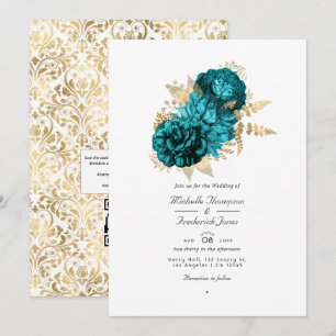 Convite Casamento Floral em Turquesa e Dourado com Código