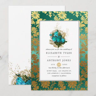 Convite Casamento Floral em Turquesa Vintage - Turquesa e