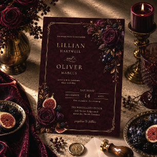 Convite Casamento Floral em Veludo Borgonha Dourado Sombri