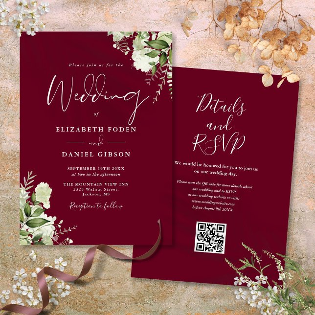 Convite Casamento Floral em Verde com Código QR em Borgonh (Burgundy Greenery Floral QR Code Wedding Invitation)