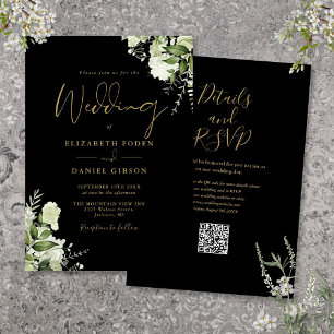 Convite Casamento Floral em Verde com Código QR Preto e Do
