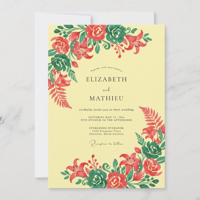 Convite Casamento Floral em Verde Coral (Frente)