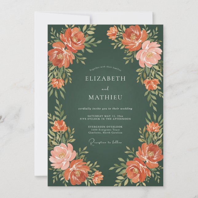 Convite Casamento Floral em Verde Floresta e Pêssego (Frente)