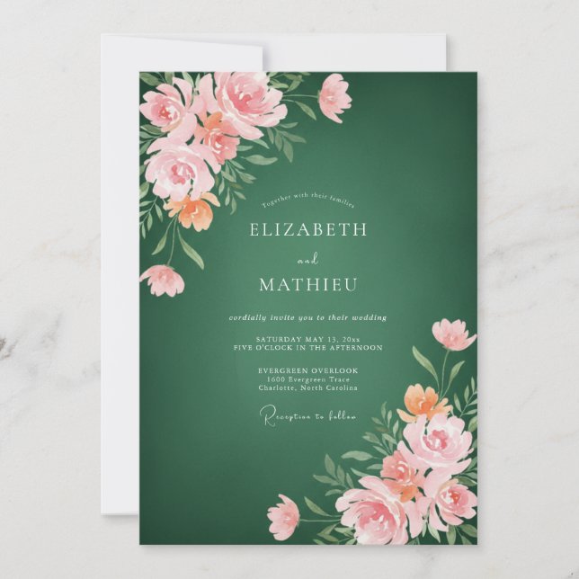 Convite Casamento Floral em Verde Floresta Rosa com Aquare (Frente)